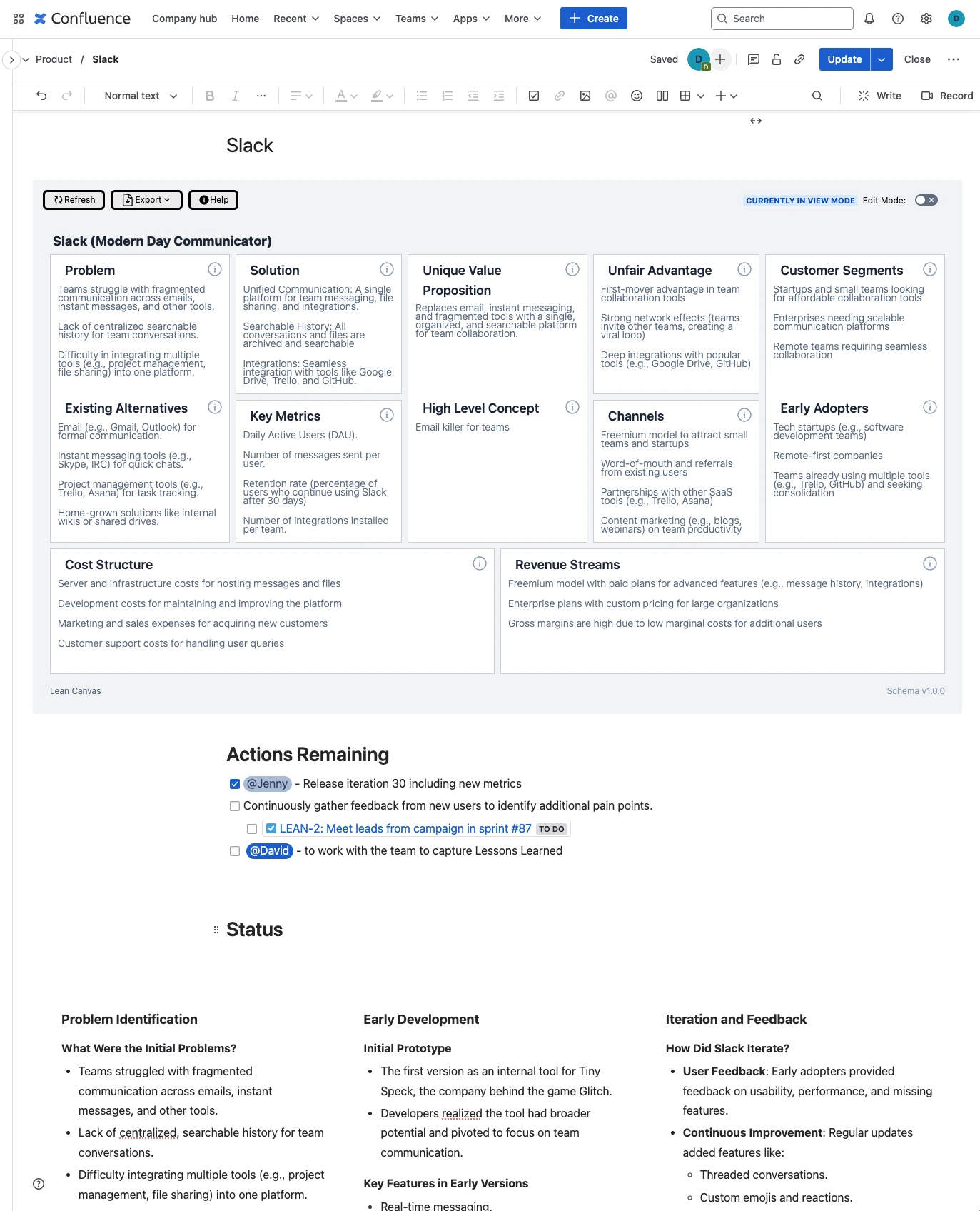 Interactive Lean Canvas rendered within a confluence page