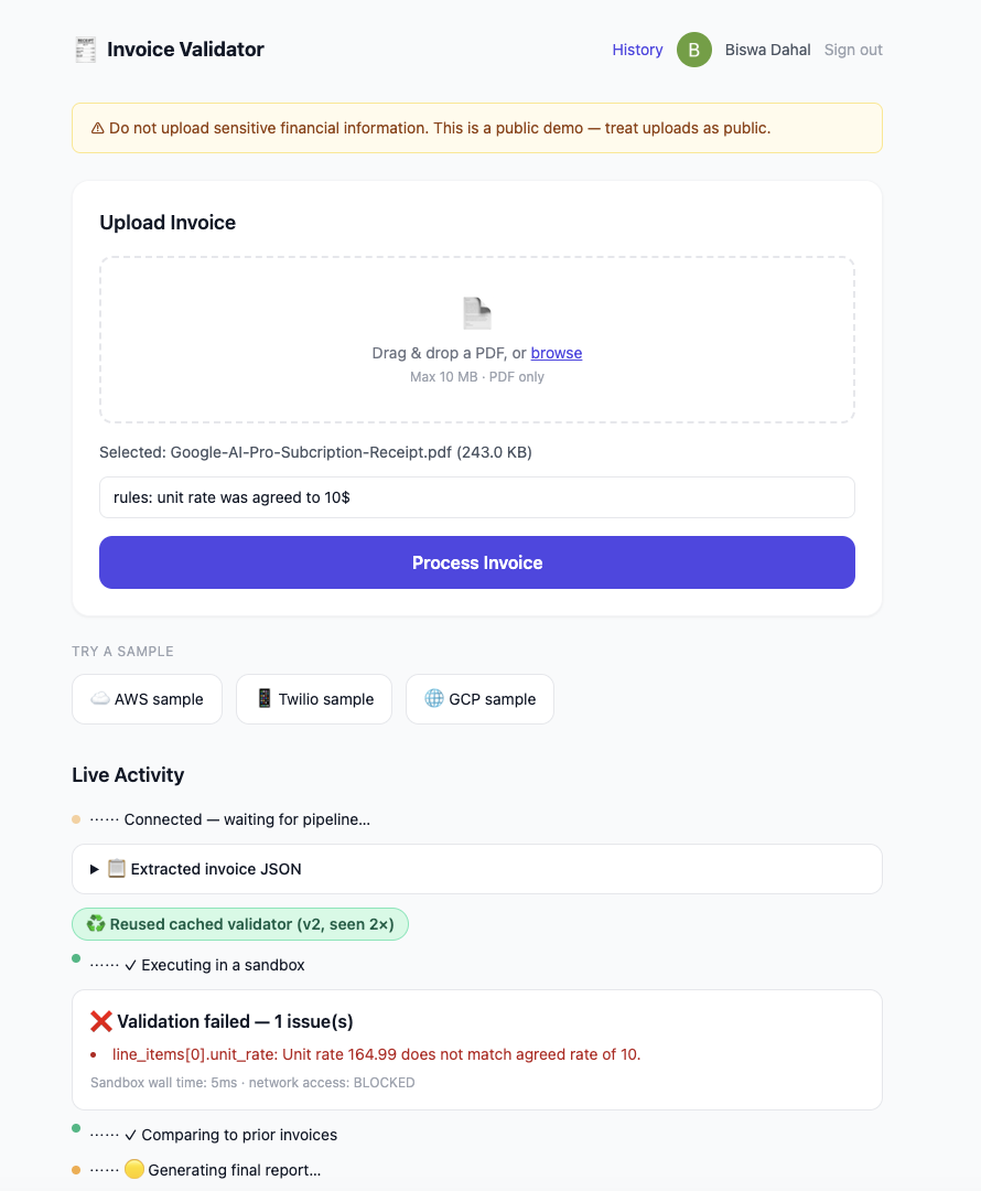 Invoice Validator UI showing a cached validator run with a validation failure: unit rate 164.99 does not match the agreed rate of 10